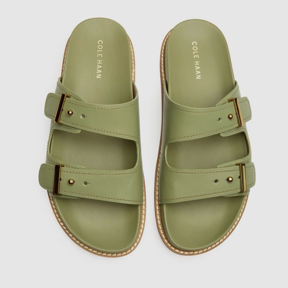 Cole Haan Olive Green Double-Buckle Slide Sandals with Gold Hardware
